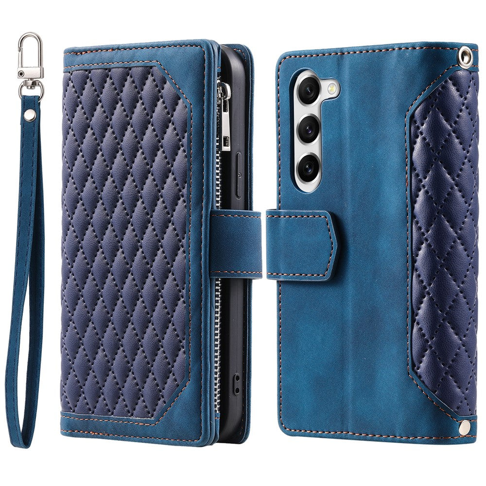For Samsung Galaxy S23+ 005 Style Rhombus Imprinted PU Leather Flip Wallet Case Magnetic Handbag Zipper Pocket Stand Phone Cover with Strap