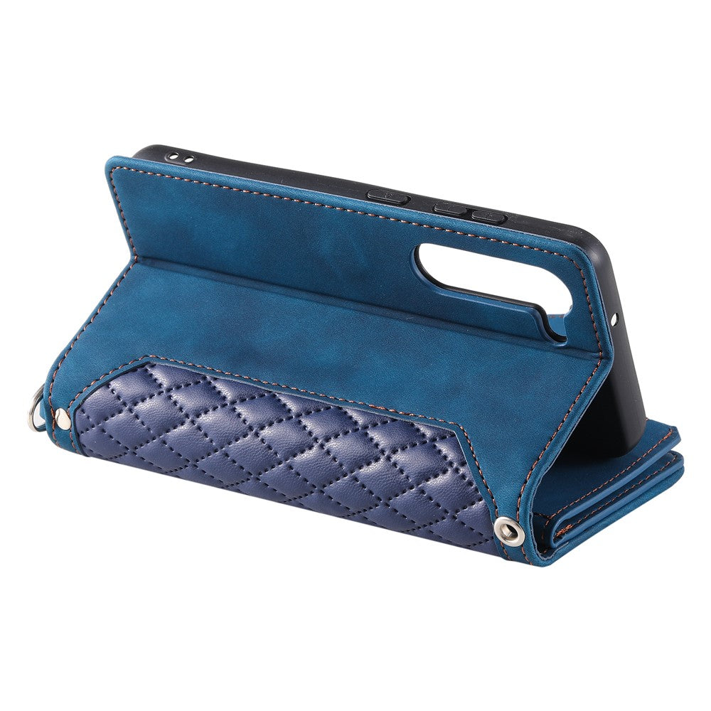 For Samsung Galaxy S23+ 005 Style Rhombus Imprinted PU Leather Flip Wallet Case Magnetic Handbag Zipper Pocket Stand Phone Cover with Strap