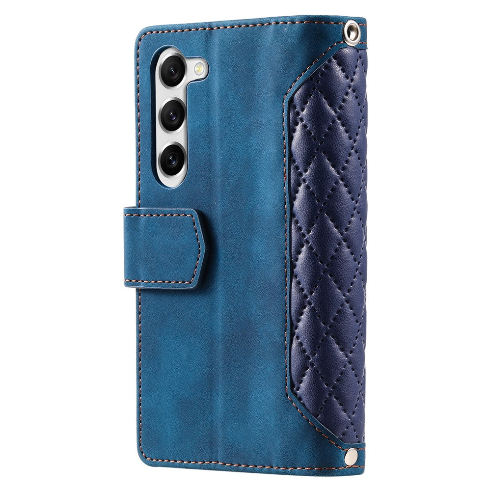For Samsung Galaxy S23+ 005 Style Rhombus Imprinted PU Leather Flip Wallet Case Magnetic Handbag Zipper Pocket Stand Phone Cover with Strap