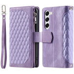For Samsung Galaxy S23+ 005 Style Rhombus Imprinted PU Leather Flip Wallet Case Magnetic Handbag Zipper Pocket Stand Phone Cover with Strap