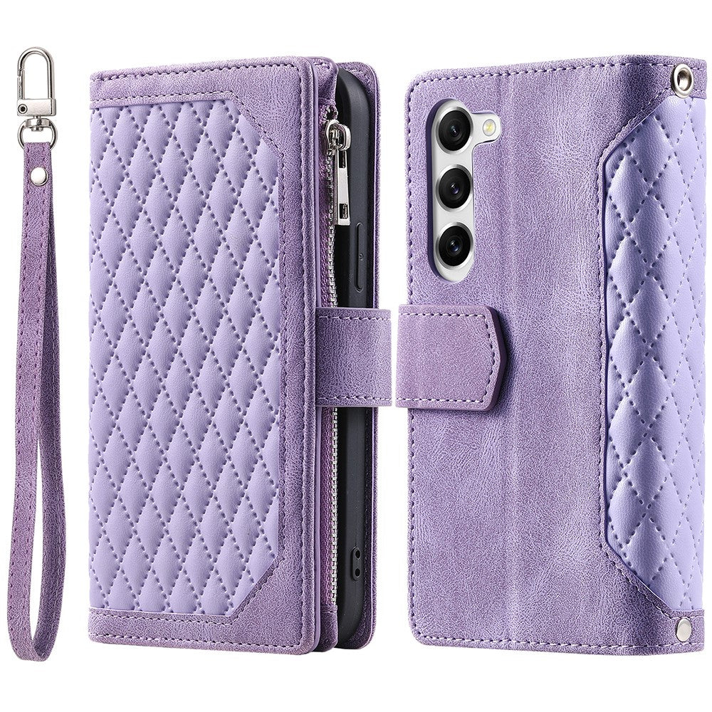 For Samsung Galaxy S23+ 005 Style Rhombus Imprinted PU Leather Flip Wallet Case Magnetic Handbag Zipper Pocket Stand Phone Cover with Strap