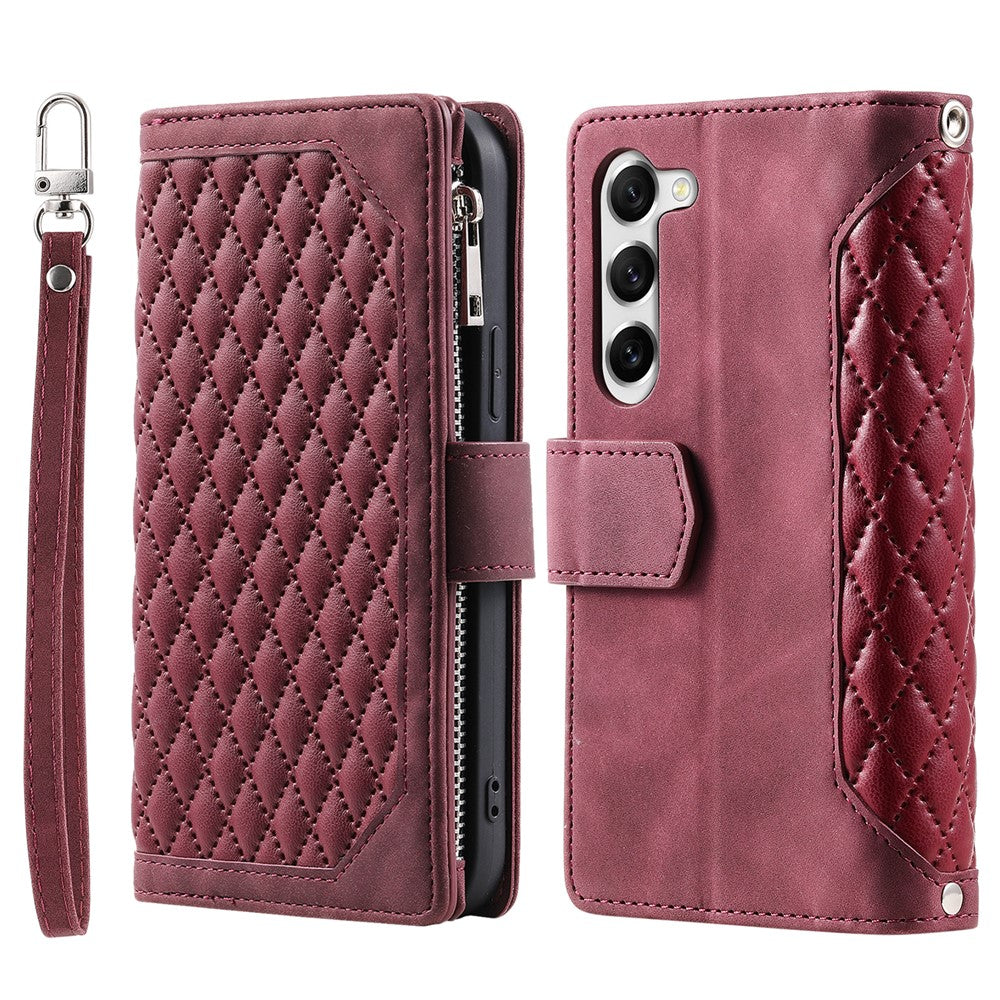 For Samsung Galaxy S23+ 005 Style Rhombus Imprinted PU Leather Flip Wallet Case Magnetic Handbag Zipper Pocket Stand Phone Cover with Strap