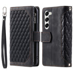 For Samsung Galaxy S23+ 005 Style Rhombus Imprinted PU Leather Flip Wallet Case Magnetic Handbag Zipper Pocket Stand Phone Cover with Strap