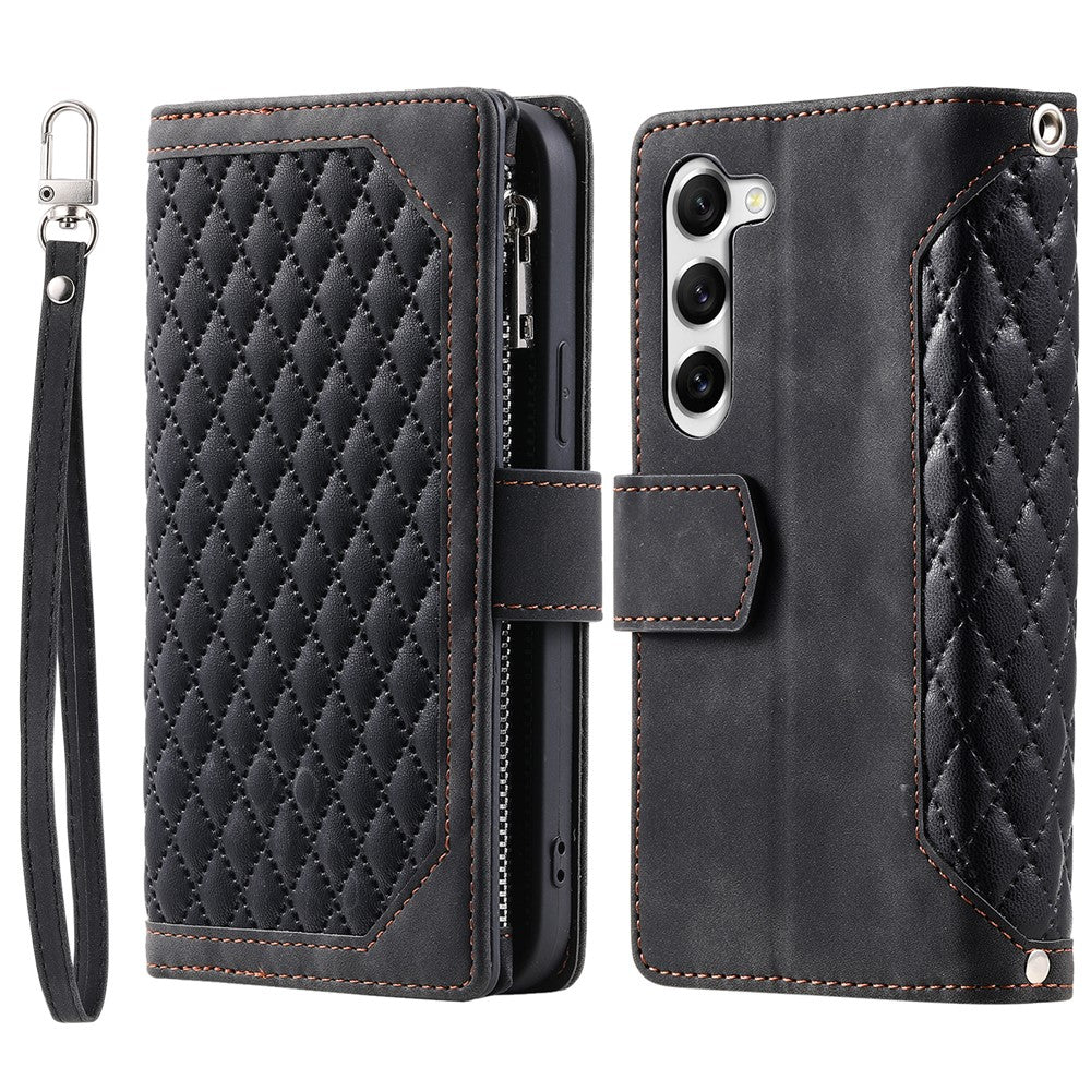 For Samsung Galaxy S23+ 005 Style Rhombus Imprinted PU Leather Flip Wallet Case Magnetic Handbag Zipper Pocket Stand Phone Cover with Strap