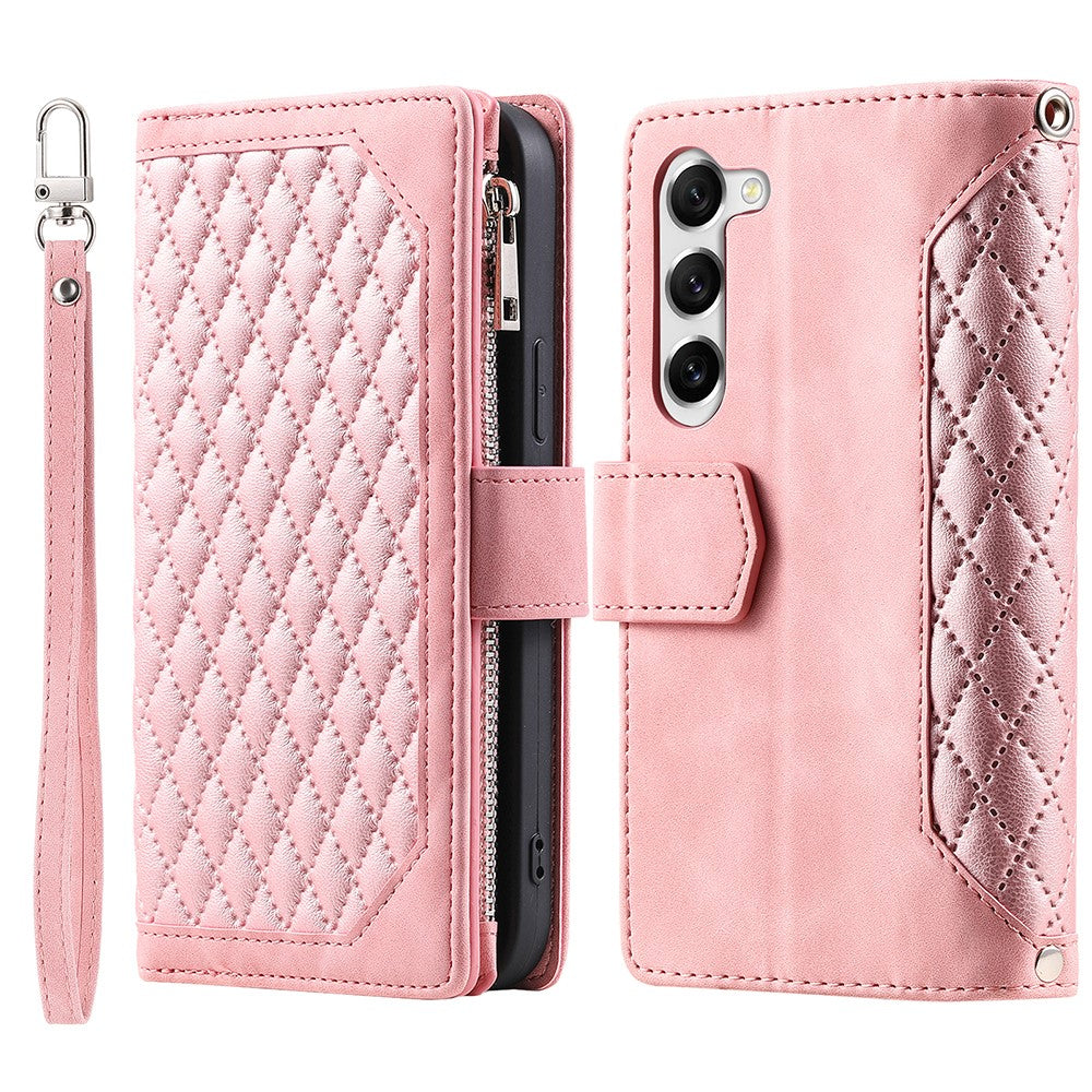 For Samsung Galaxy S23+ 005 Style Rhombus Imprinted PU Leather Flip Wallet Case Magnetic Handbag Zipper Pocket Stand Phone Cover with Strap