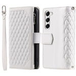 For Samsung Galaxy S23+ 005 Style Rhombus Imprinted PU Leather Flip Wallet Case Magnetic Handbag Zipper Pocket Stand Phone Cover with Strap