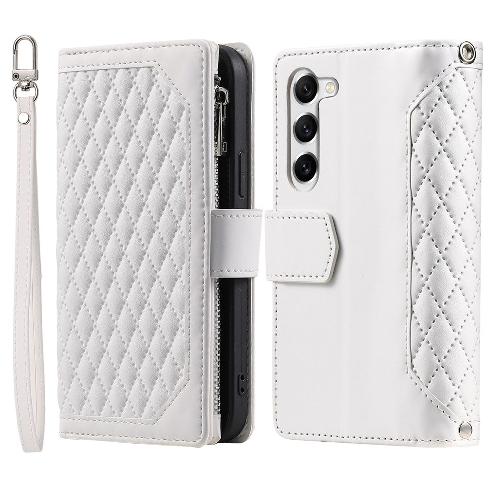 For Samsung Galaxy S23+ 005 Style Rhombus Imprinted PU Leather Flip Wallet Case Magnetic Handbag Zipper Pocket Stand Phone Cover with Strap