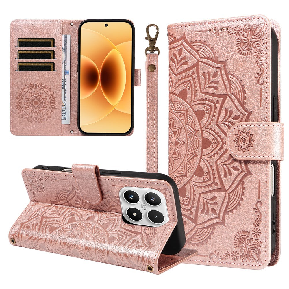 For Xiaomi 17 Wallet Case Embossed Mandala Pattern PU Leather + TPU Cover with Wrist Strap