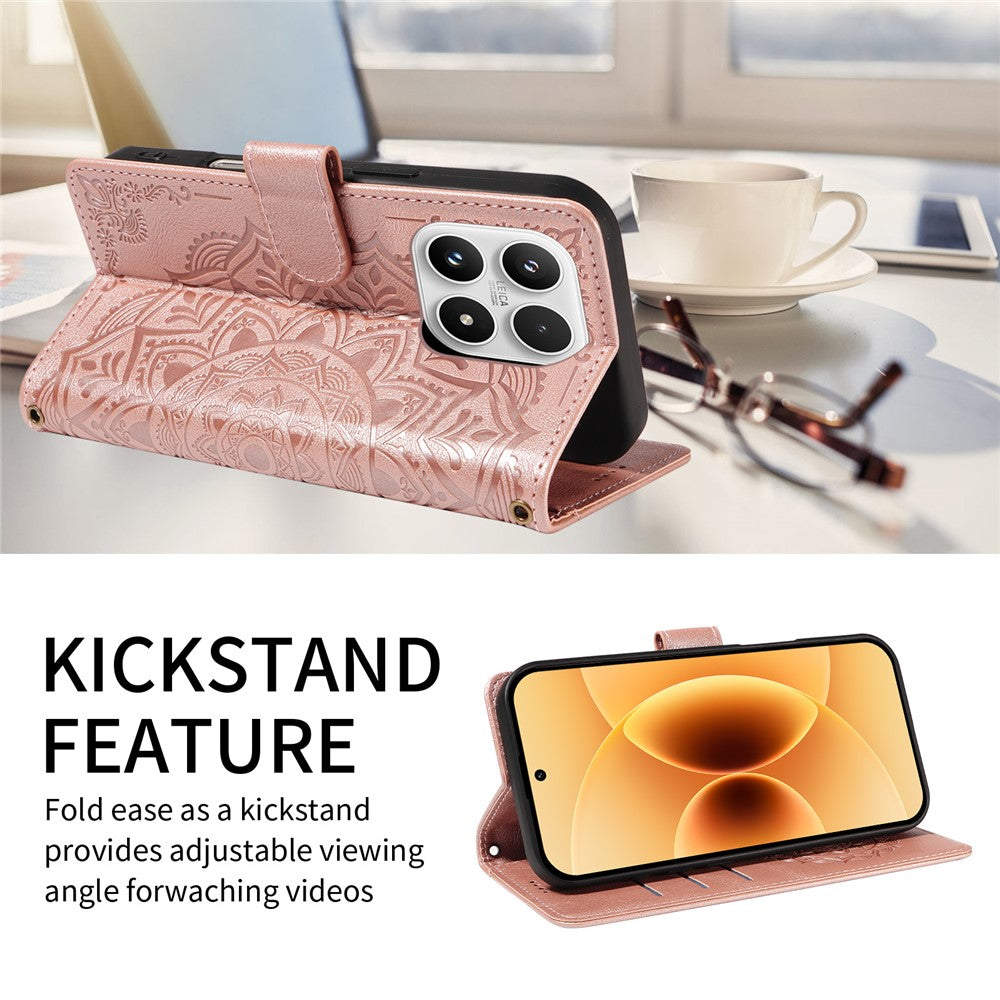 For Xiaomi 17 Wallet Case Embossed Mandala Pattern PU Leather + TPU Cover with Wrist Strap