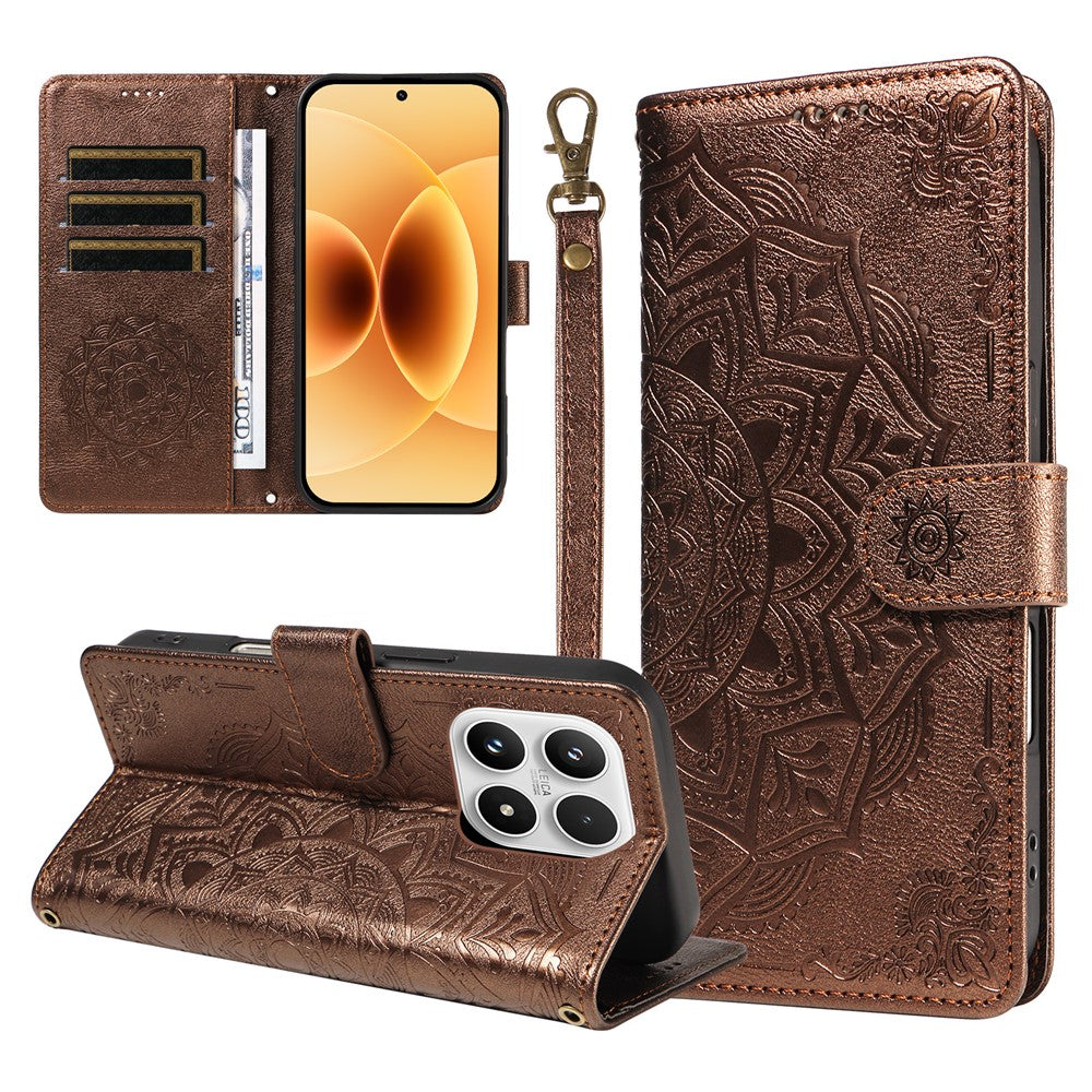 For Xiaomi 17 Wallet Case Embossed Mandala Pattern PU Leather + TPU Cover with Wrist Strap