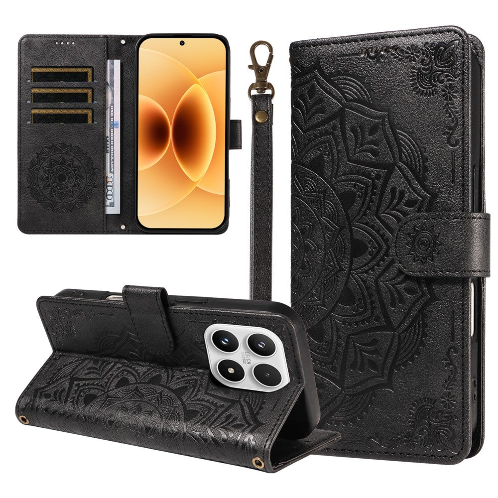For Xiaomi 17 Wallet Case Embossed Mandala Pattern PU Leather + TPU Cover with Wrist Strap