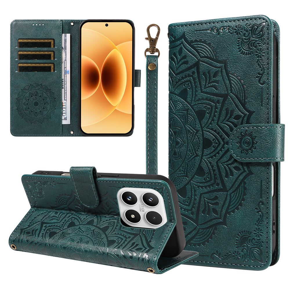 For Xiaomi 17 Wallet Case Embossed Mandala Pattern PU Leather + TPU Cover with Wrist Strap
