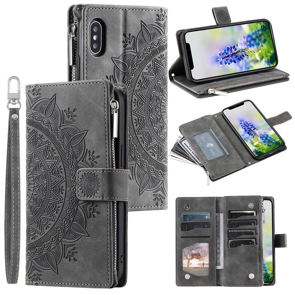 For iPhone XS Max 6.5 inch Mandala Flower Imprinted PU Leather Wallet Folio Flip Case Zipper Pocket Multiple Card Slots Stand Phone Cover with Strap