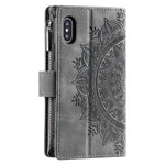 For iPhone XS Max 6.5 inch Mandala Flower Imprinted PU Leather Wallet Folio Flip Case Zipper Pocket Multiple Card Slots Stand Phone Cover with Strap