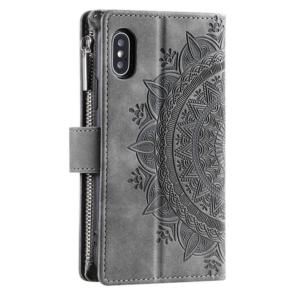 For iPhone XS Max 6.5 inch Mandala Flower Imprinted PU Leather Wallet Folio Flip Case Zipper Pocket Multiple Card Slots Stand Phone Cover with Strap