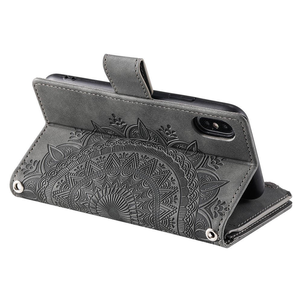 For iPhone XS Max 6.5 inch Mandala Flower Imprinted PU Leather Wallet Folio Flip Case Zipper Pocket Multiple Card Slots Stand Phone Cover with Strap