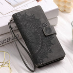 For iPhone XS Max 6.5 inch Mandala Flower Imprinted PU Leather Wallet Folio Flip Case Zipper Pocket Multiple Card Slots Stand Phone Cover with Strap