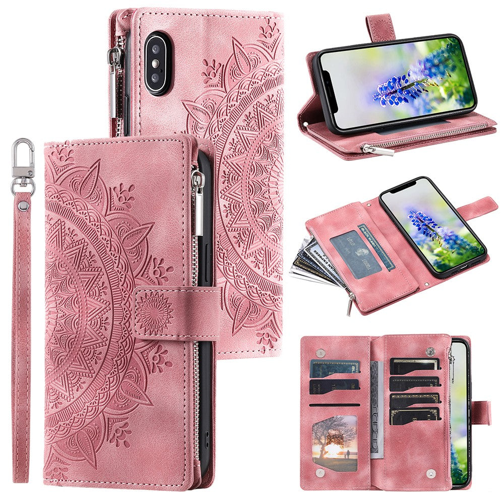 For iPhone XS Max 6.5 inch Mandala Flower Imprinted PU Leather Wallet Folio Flip Case Zipper Pocket Multiple Card Slots Stand Phone Cover with Strap
