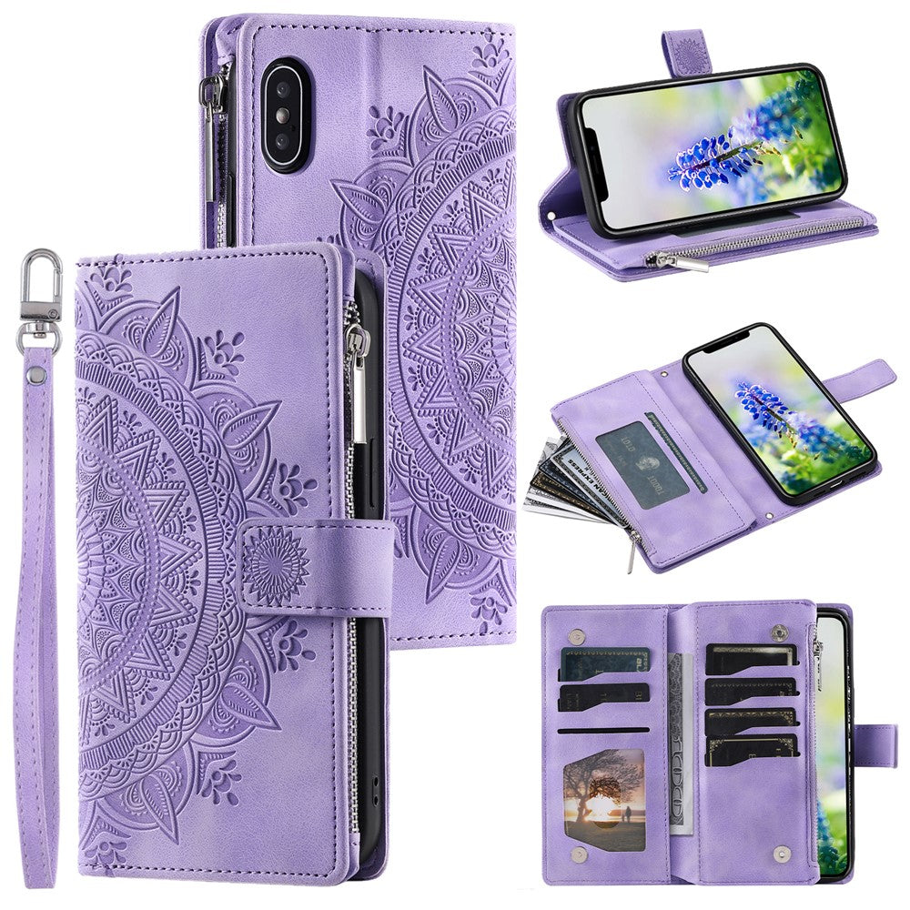 For iPhone XS Max 6.5 inch Mandala Flower Imprinted PU Leather Wallet Folio Flip Case Zipper Pocket Multiple Card Slots Stand Phone Cover with Strap