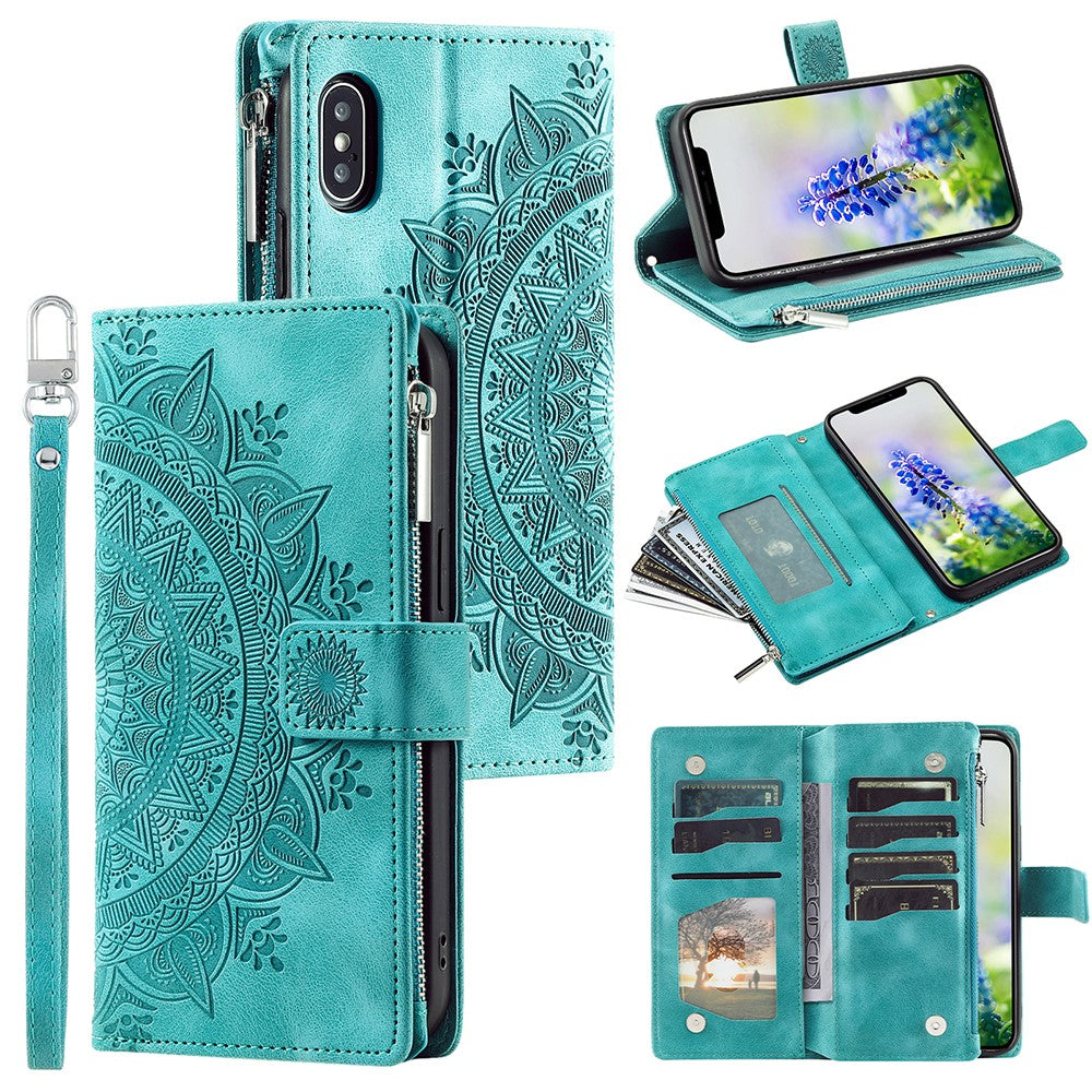 For iPhone XS Max 6.5 inch Mandala Flower Imprinted PU Leather Wallet Folio Flip Case Zipper Pocket Multiple Card Slots Stand Phone Cover with Strap