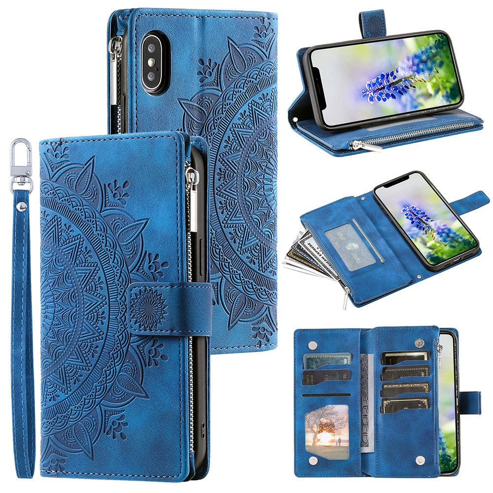 For iPhone XS Max 6.5 inch Mandala Flower Imprinted PU Leather Wallet Folio Flip Case Zipper Pocket Multiple Card Slots Stand Phone Cover with Strap