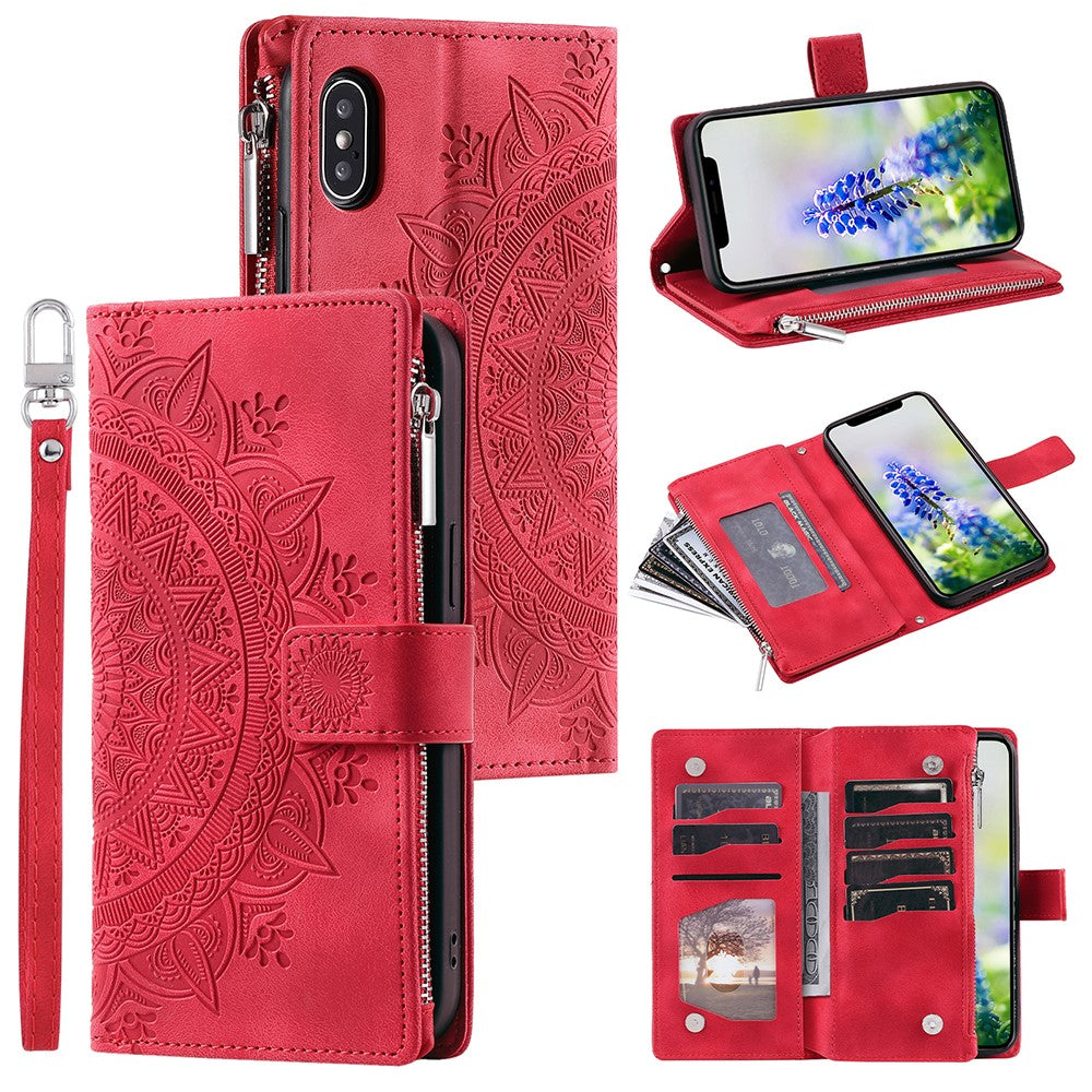 For iPhone XS Max 6.5 inch Mandala Flower Imprinted PU Leather Wallet Folio Flip Case Zipper Pocket Multiple Card Slots Stand Phone Cover with Strap