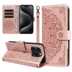 Til iPhone 15 Pro Pung Etui Præget Mandala Mønster PU Læder + TPU Cover med Håndledsrem