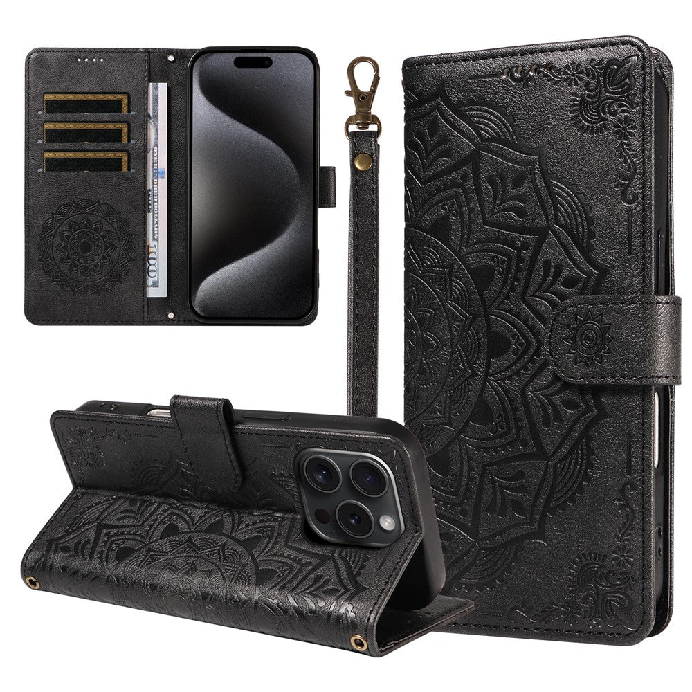 Til iPhone 15 Pro Pung Etui Præget Mandala Mønster PU Læder + TPU Cover med Håndledsrem