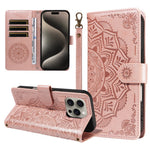 Til iPhone 15 Pro Max Pung Etui Præget Mandala Mønster PU Læder + TPU Cover med Håndledsrem
