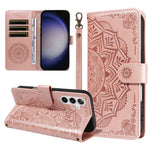For Samsung Galaxy S25 Wallet Case Embossed Mandala Pattern PU Leather + TPU Cover with Wrist Strap