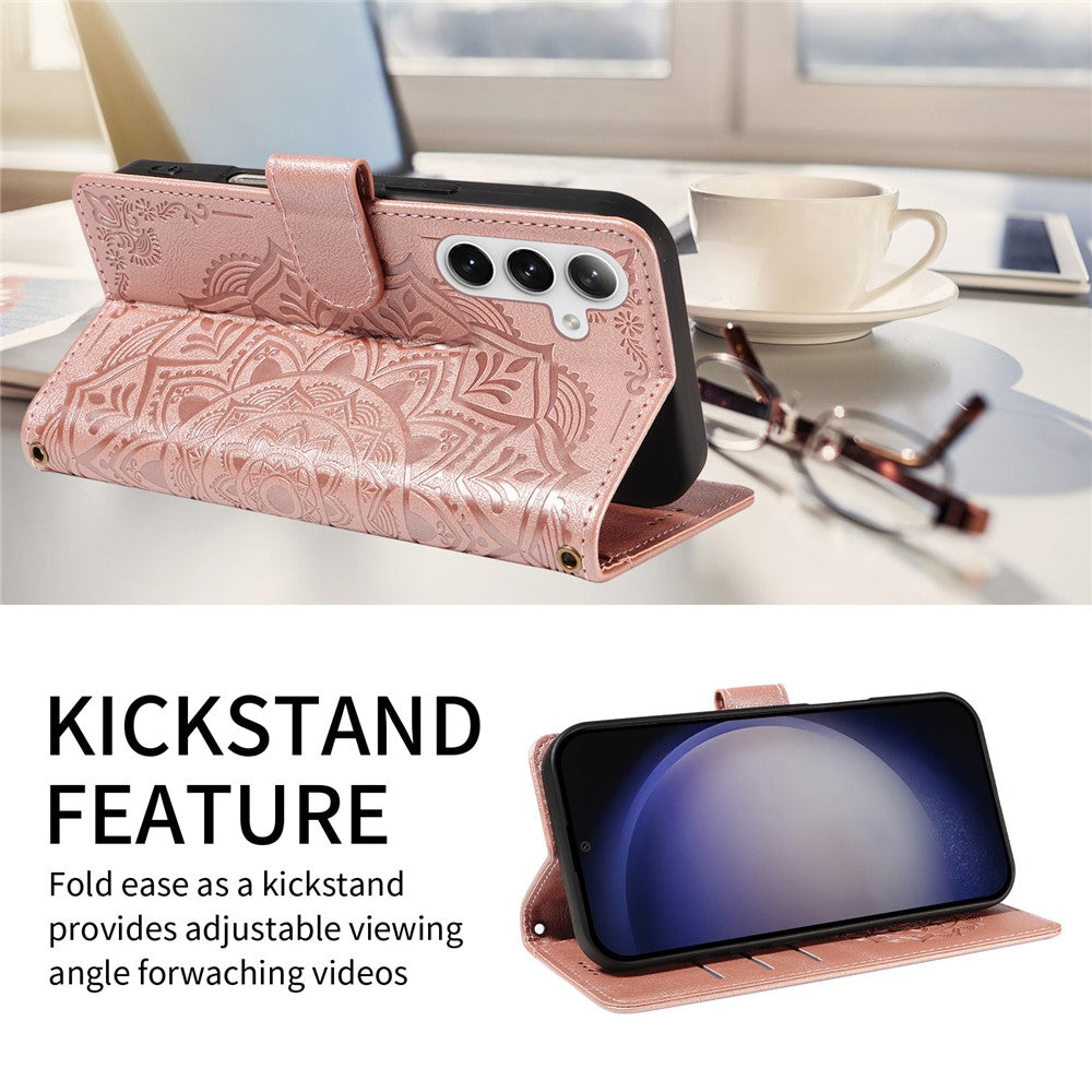 For Samsung Galaxy S25 Wallet Case Embossed Mandala Pattern PU Leather + TPU Cover with Wrist Strap