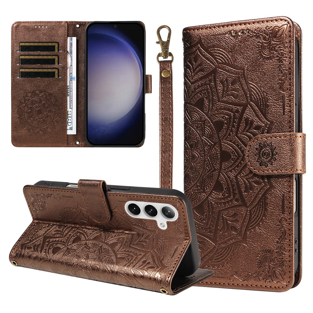 For Samsung Galaxy S25 Wallet Case Embossed Mandala Pattern PU Leather + TPU Cover with Wrist Strap