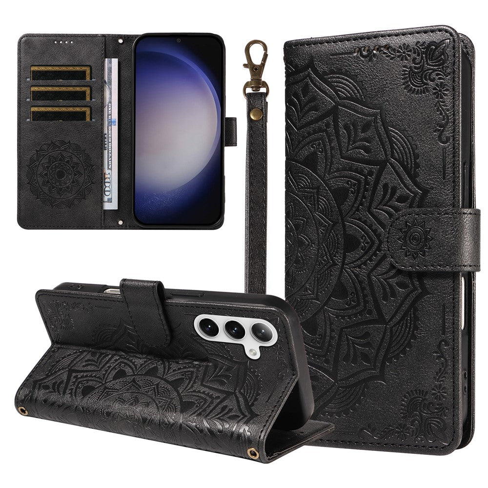 For Samsung Galaxy S25 Wallet Case Embossed Mandala Pattern PU Leather + TPU Cover with Wrist Strap