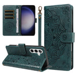For Samsung Galaxy S25 Wallet Case Embossed Mandala Pattern PU Leather + TPU Cover with Wrist Strap