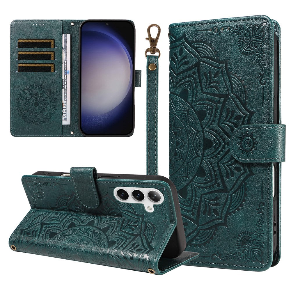 For Samsung Galaxy S25 Wallet Case Embossed Mandala Pattern PU Leather + TPU Cover with Wrist Strap