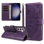 For Samsung Galaxy S25 Wallet Case Embossed Mandala Pattern PU Leather + TPU Cover with Wrist Strap