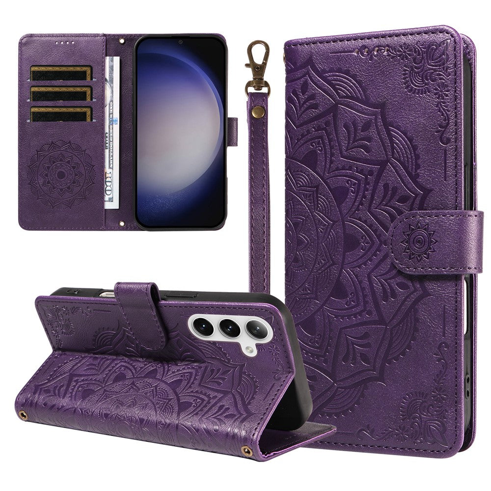 For Samsung Galaxy S25 Wallet Case Embossed Mandala Pattern PU Leather + TPU Cover with Wrist Strap