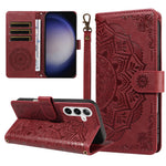 For Samsung Galaxy S25 Wallet Case Embossed Mandala Pattern PU Leather + TPU Cover with Wrist Strap
