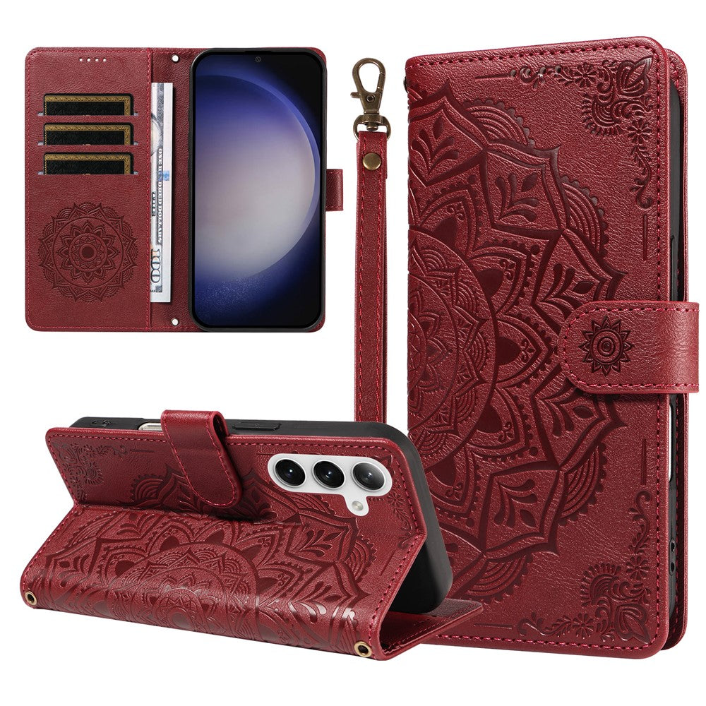 Samsung Galaxy S25 Plånboksfodral Präglat Mandala Mönster PU-läder + TPU-fodral med Handledsrem