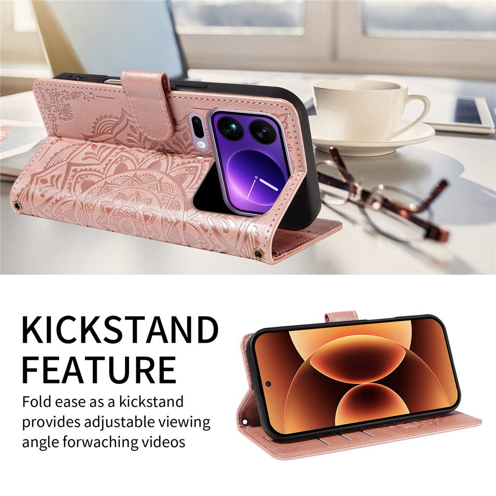 For Xiaomi 17 Pro Max Wallet Case Embossed Mandala Pattern PU Leather + TPU Cover with Wrist Strap