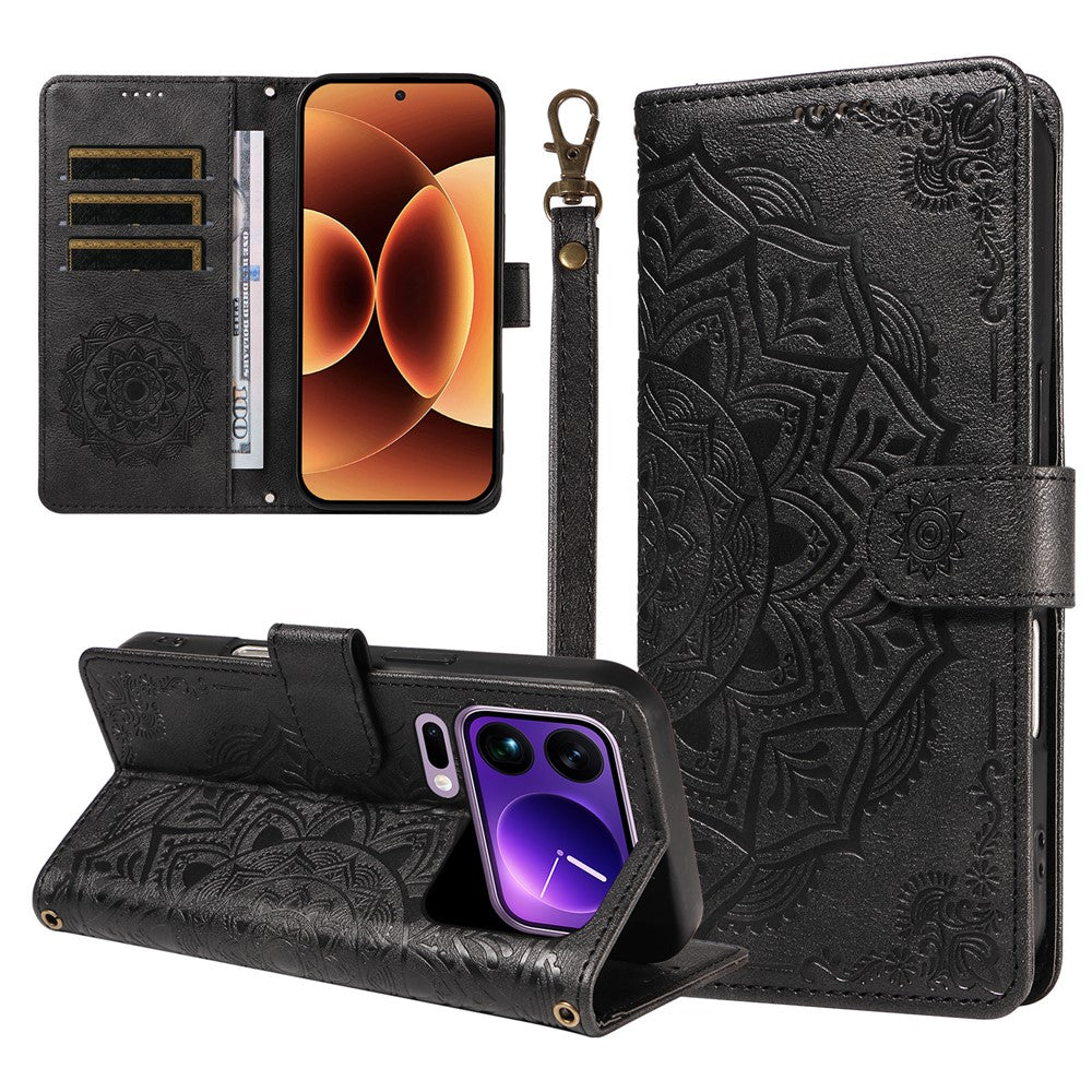 For Xiaomi 17 Pro Max Wallet Case Embossed Mandala Pattern PU Leather + TPU Cover with Wrist Strap