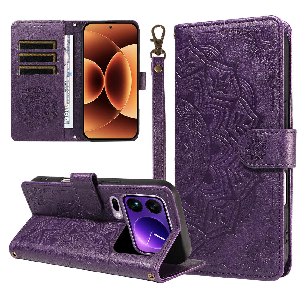 For Xiaomi 17 Pro Max Wallet Case Embossed Mandala Pattern PU Leather + TPU Cover with Wrist Strap