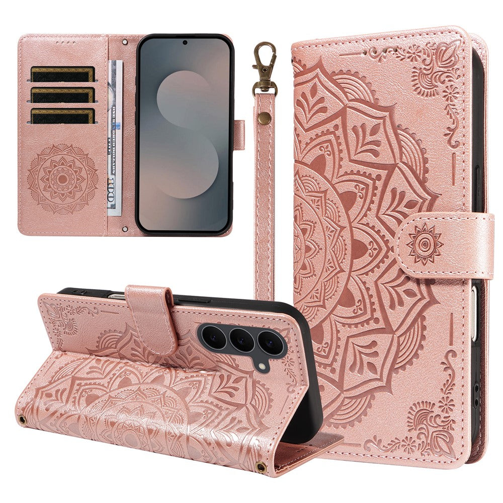 For Samsung Galaxy S25 FE Wallet Case Embossed Mandala Pattern PU Leather + TPU Cover with Wrist Strap