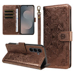 For Samsung Galaxy S25 FE Wallet Case Embossed Mandala Pattern PU Leather + TPU Cover with Wrist Strap