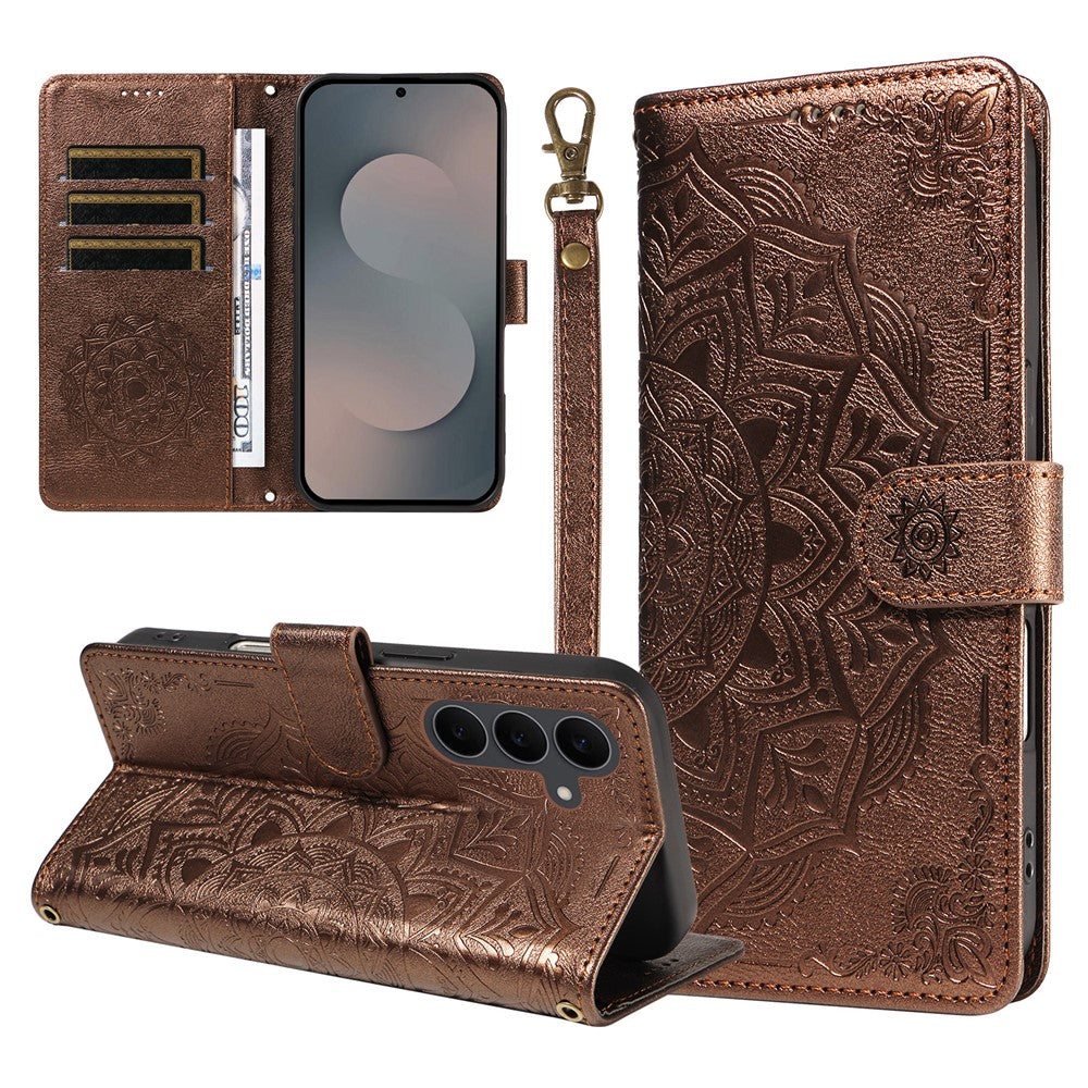 For Samsung Galaxy S25 FE Wallet Case Embossed Mandala Pattern PU Leather + TPU Cover with Wrist Strap