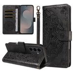 For Samsung Galaxy S25 FE Wallet Case Embossed Mandala Pattern PU Leather + TPU Cover with Wrist Strap