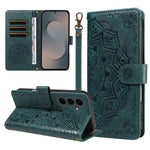 For Samsung Galaxy S25 FE Wallet Case Embossed Mandala Pattern PU Leather + TPU Cover with Wrist Strap