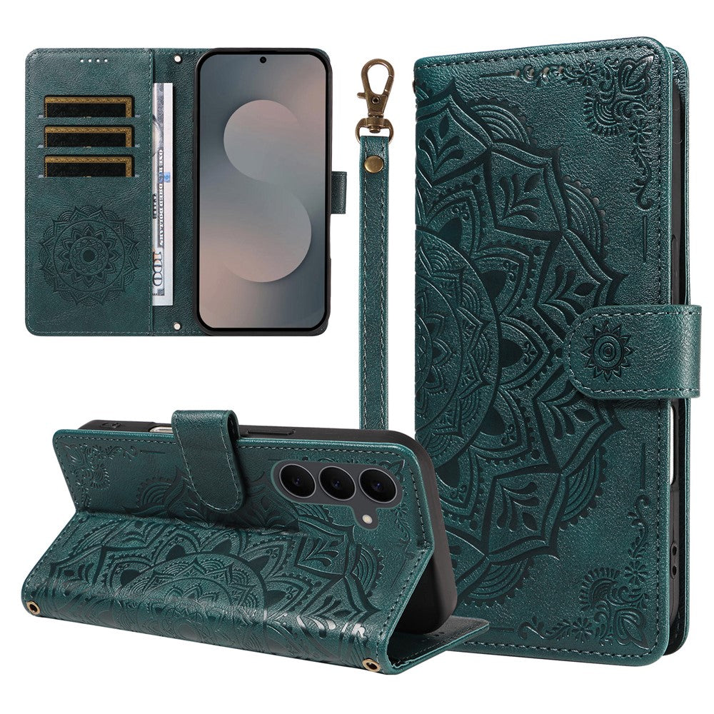 For Samsung Galaxy S25 FE Wallet Case Embossed Mandala Pattern PU Leather + TPU Cover with Wrist Strap