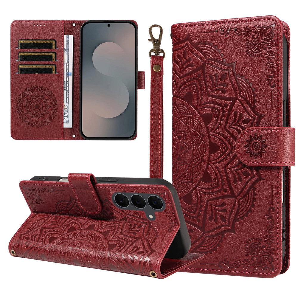 For Samsung Galaxy S25 FE Wallet Case Embossed Mandala Pattern PU Leather + TPU Cover with Wrist Strap