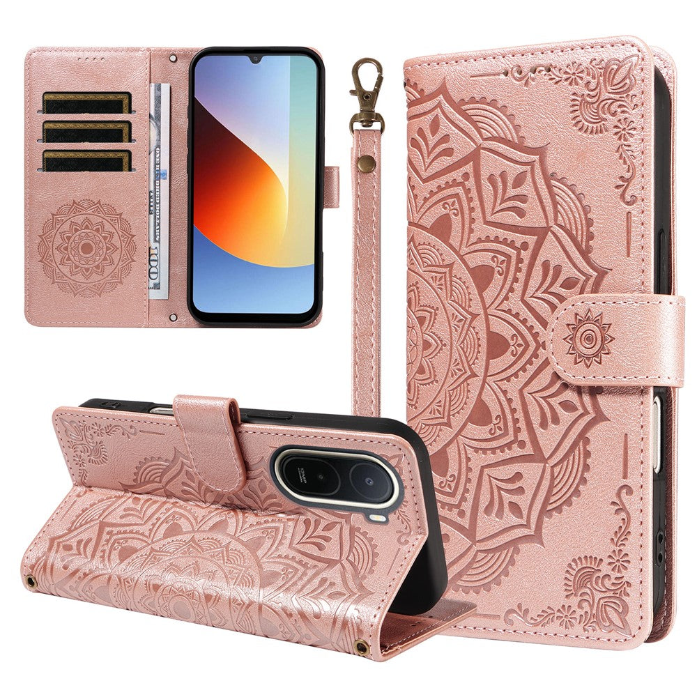 For Xiaomi Redmi A7 Pro 4G (171.56mm) Wallet Case Embossed Mandala Pattern PU Leather + TPU Cover with Wrist Strap